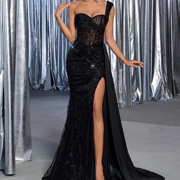 black embroidered formal dress Classic Gothic Black Lace Embroidered A-Line Formal Dress With Ruffle Skirt Spaghetti Straps Plus Size Size 24W / Black / With Choker main image 1